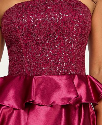 Juniors' Sequin Embellished Strapless Satin Tiered Dress