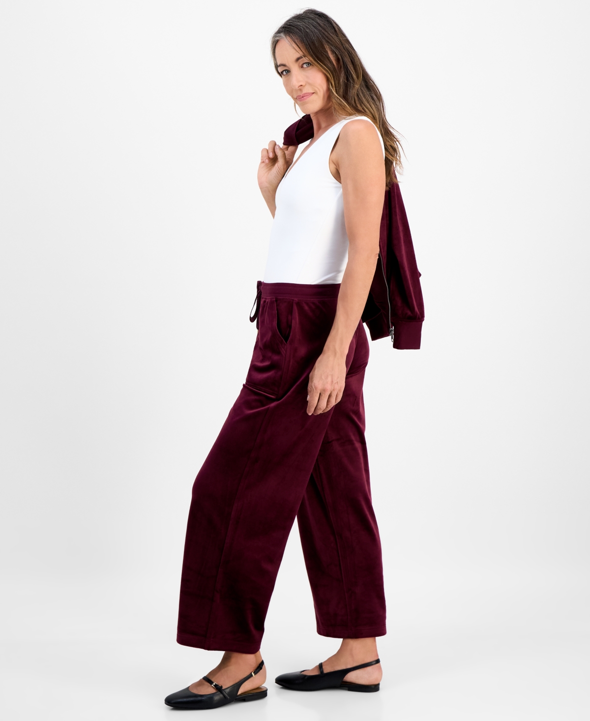 Style & Co Petite Pull-on Wide-leg Velour Lounge Pants, Macy's Exclusive In Burgundy