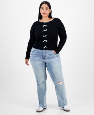 Trendy Plus Bow-Front Ribbed Crewneck Sweater