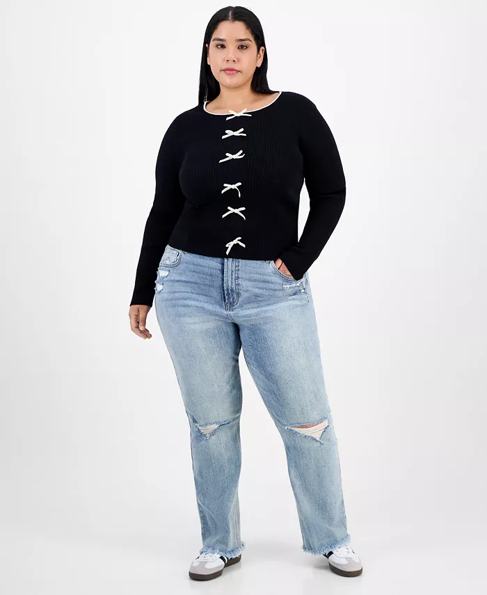 Trendy Plus Bow-Front Ribbed Crewneck Sweater - thumbnail 4