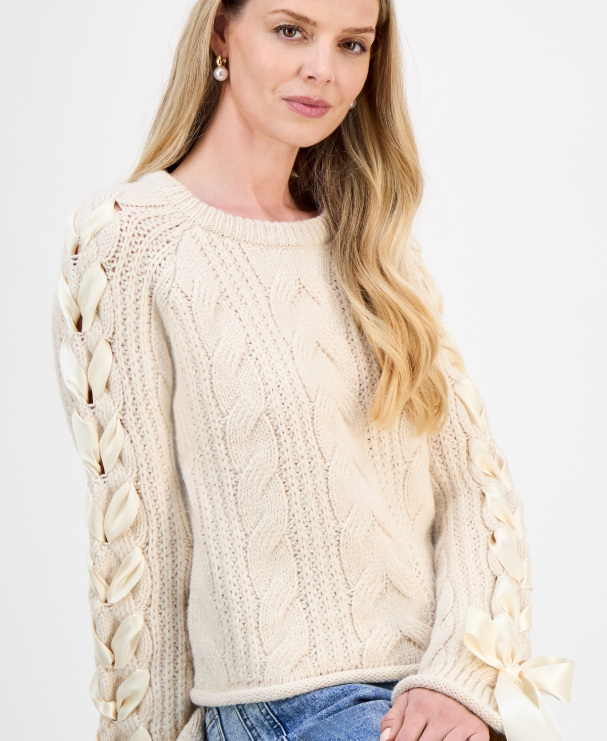 And Now This Petite Round-Neck Satin-Bow-Sleeve Sweater, Macy's Exclusive