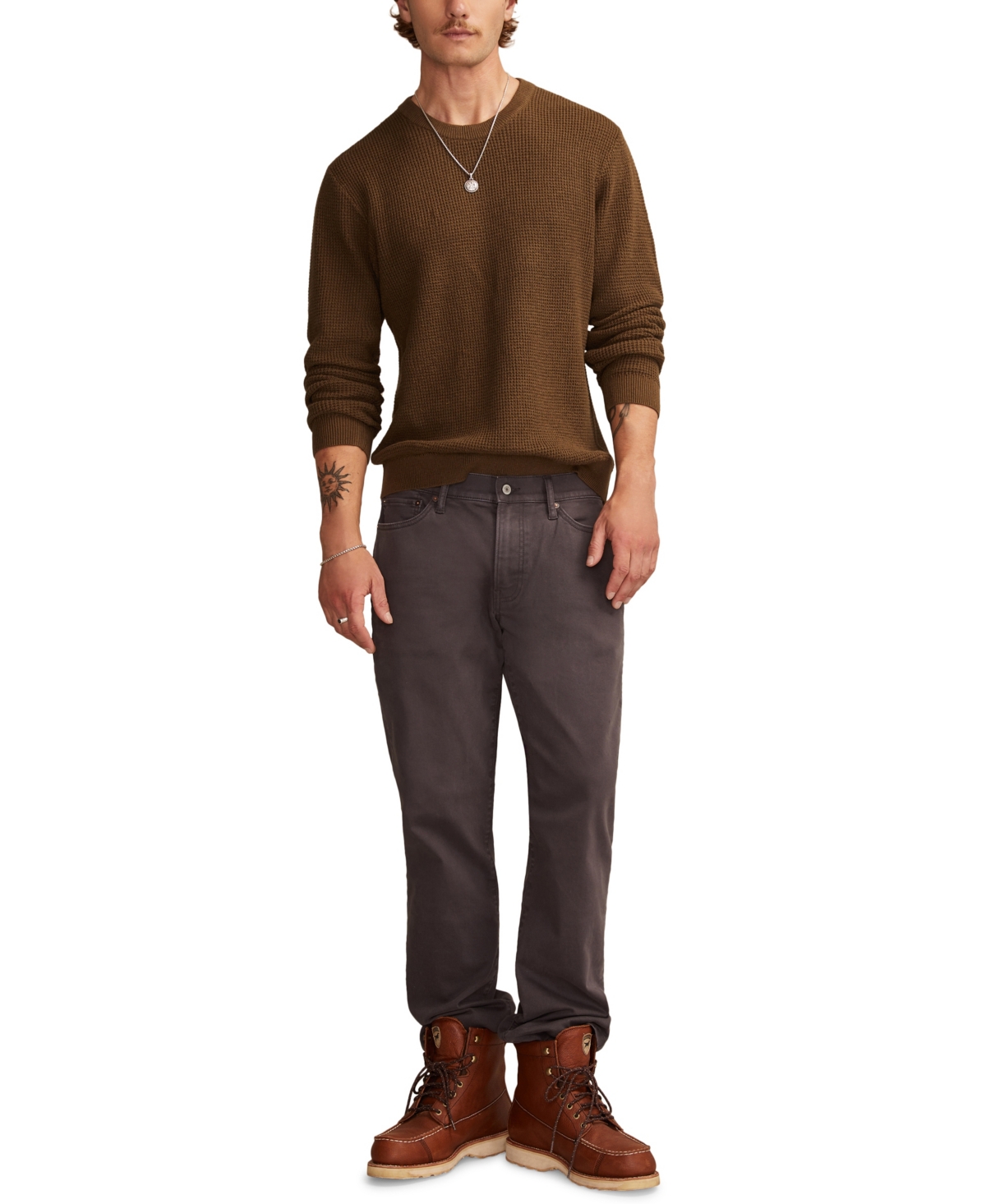 Lucky Brand Waffle Cotton & Linen Crewneck Sweater In Brown
