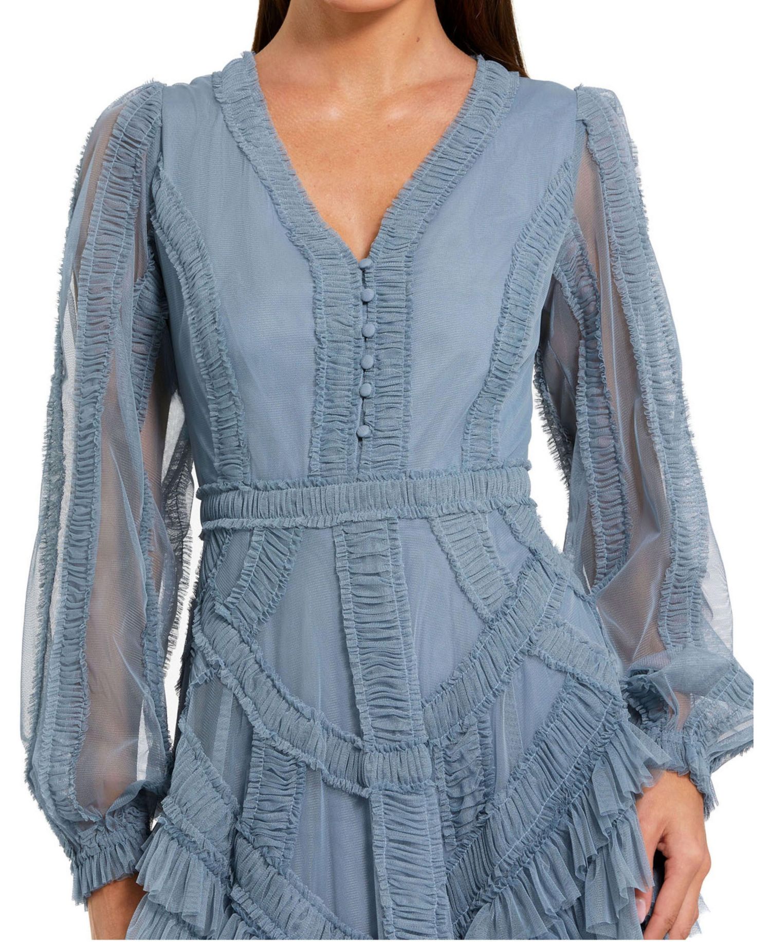 Women's Long Sleeve V Neck Mesh Micro Ruffle Midi Dress