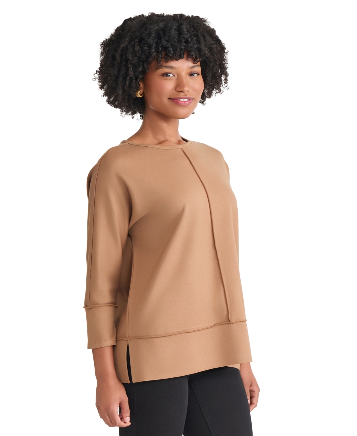 Jones New York Petite Serenity Knit 3/4 Sleeve Tunic Top In Brown