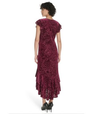 Women's Burnout Velvet Ruffled High-Low Dress