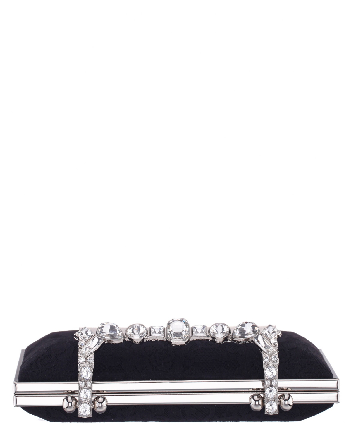 Nina Crystal Handle Lift Lock Lace Clutch In Black