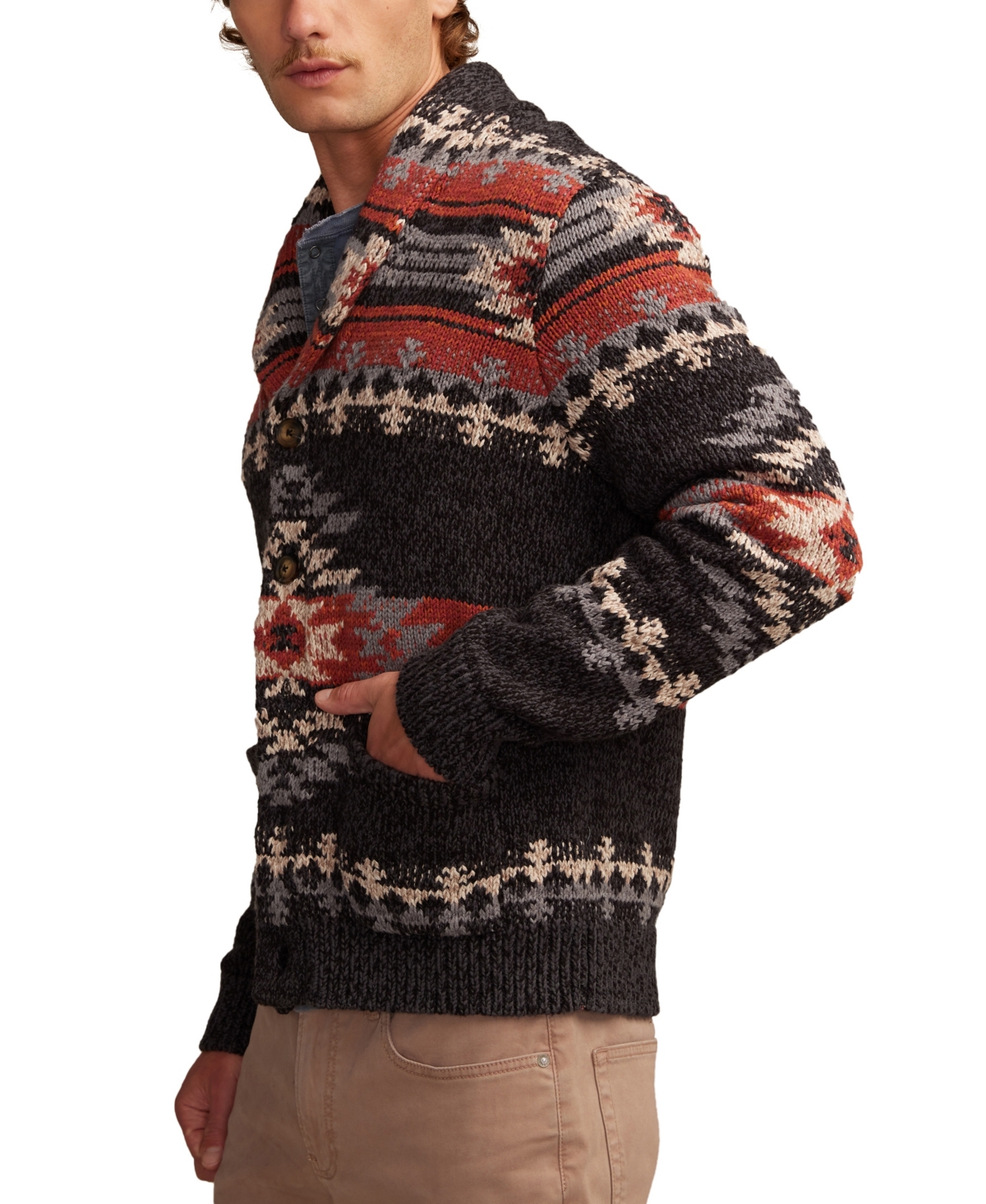 Lucky Brand Intarsia Blanket Cotton Shawl Collar Cardigan In Brown