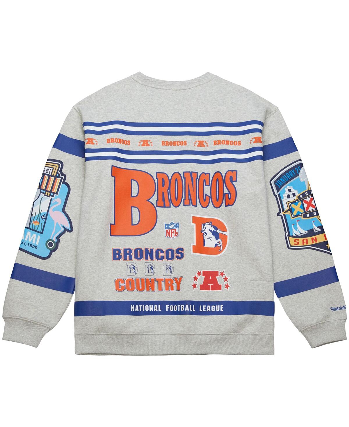 Mitchell & Ness Men's Heather Gray Denver Broncos All Over Print Fleece Crewneck Sweatshirt In Multi