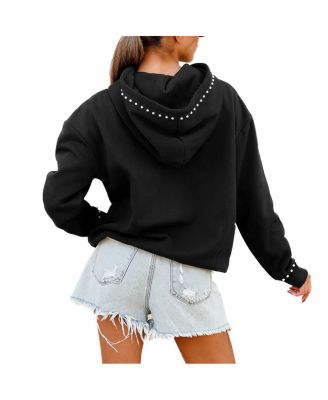 Women's Black New York Jets Oversized Catch the Vibe Studded Pullover Hoodie