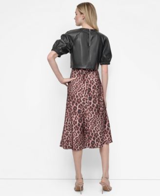 Women's Short Sleeve Jewel Neck Mixed Media Midi Dress