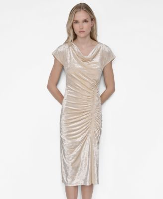 Women's Cap Sleeve Ruched Velvet Midi Dress