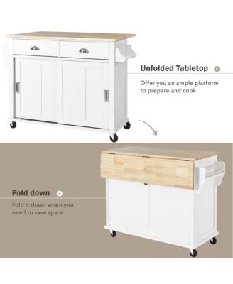 52" Rolling Kitchen Island with Drop Leaf, Sliding Barn Door & Adjustable Storage, Mobile Cart with Towel & Spice Rack-Maison Boucle