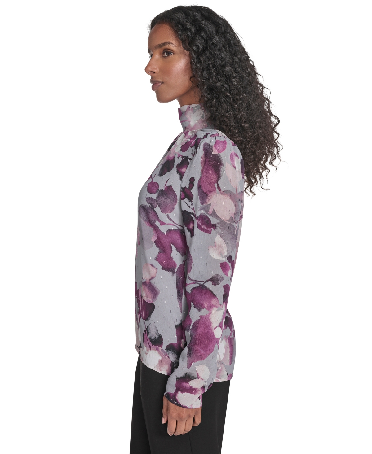 Calvin Klein Women's Mock Neck Long Sleeve Chiffon Blouse In Purple