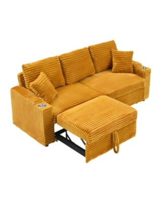 80" Orange Corduroy Pull-Out Sofa Bed w/ Cup Holder