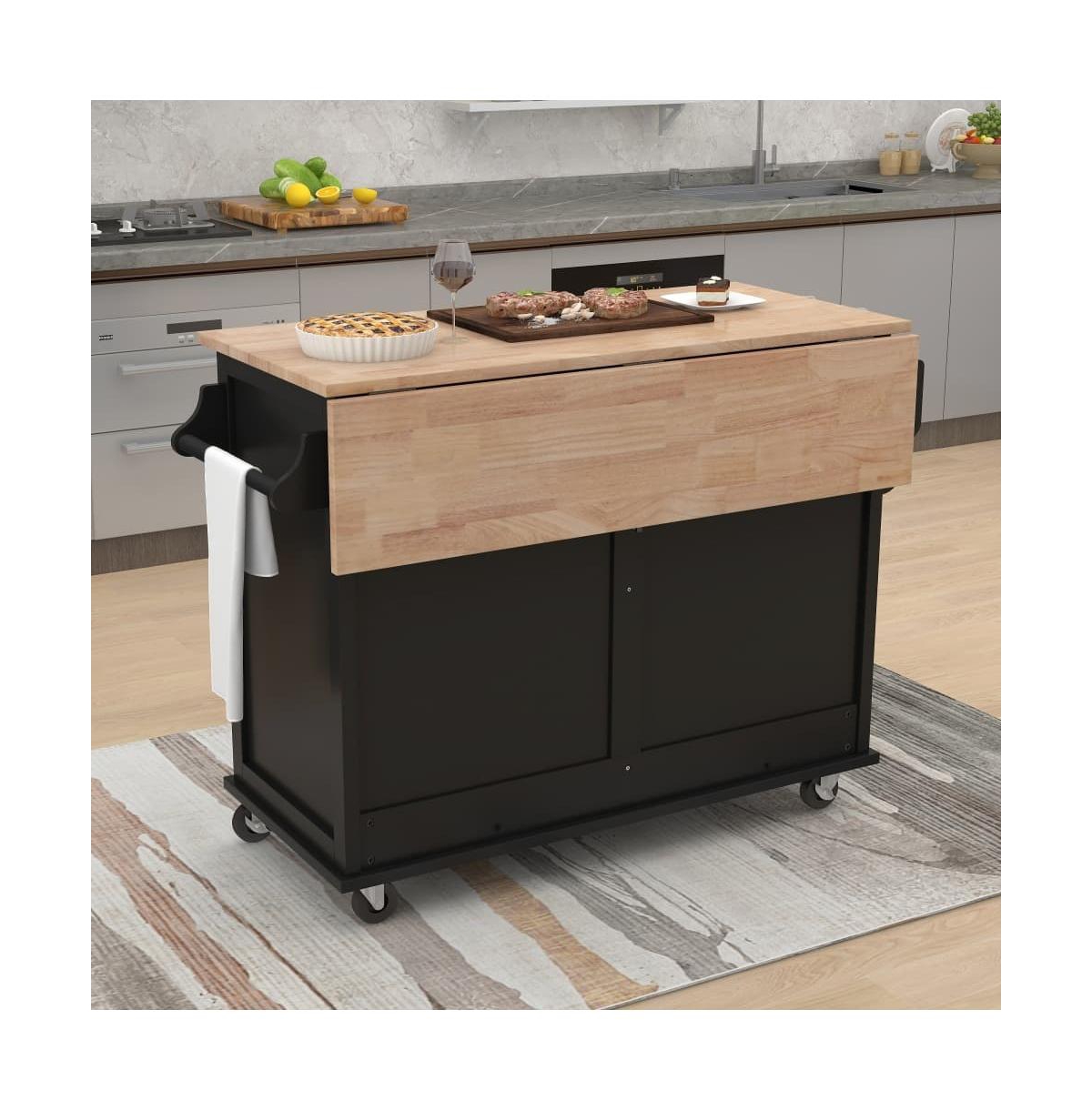 Maison Boucle 52" Rolling Kitchen Island with Drop Leaf, Sliding Barn Door & Adjustable Storage, Mobile Cart Towel Spice Rack-Maison