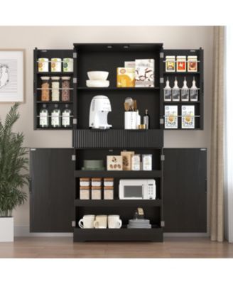 72" Fluted Pantry Cabinet - Keyboard Drawers & Adjustable Shelves Black