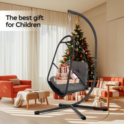 Swing Egg Chair with Stand Indoor Outdoor Wicker Rattan Patio Basket Hanging Chair Cushion