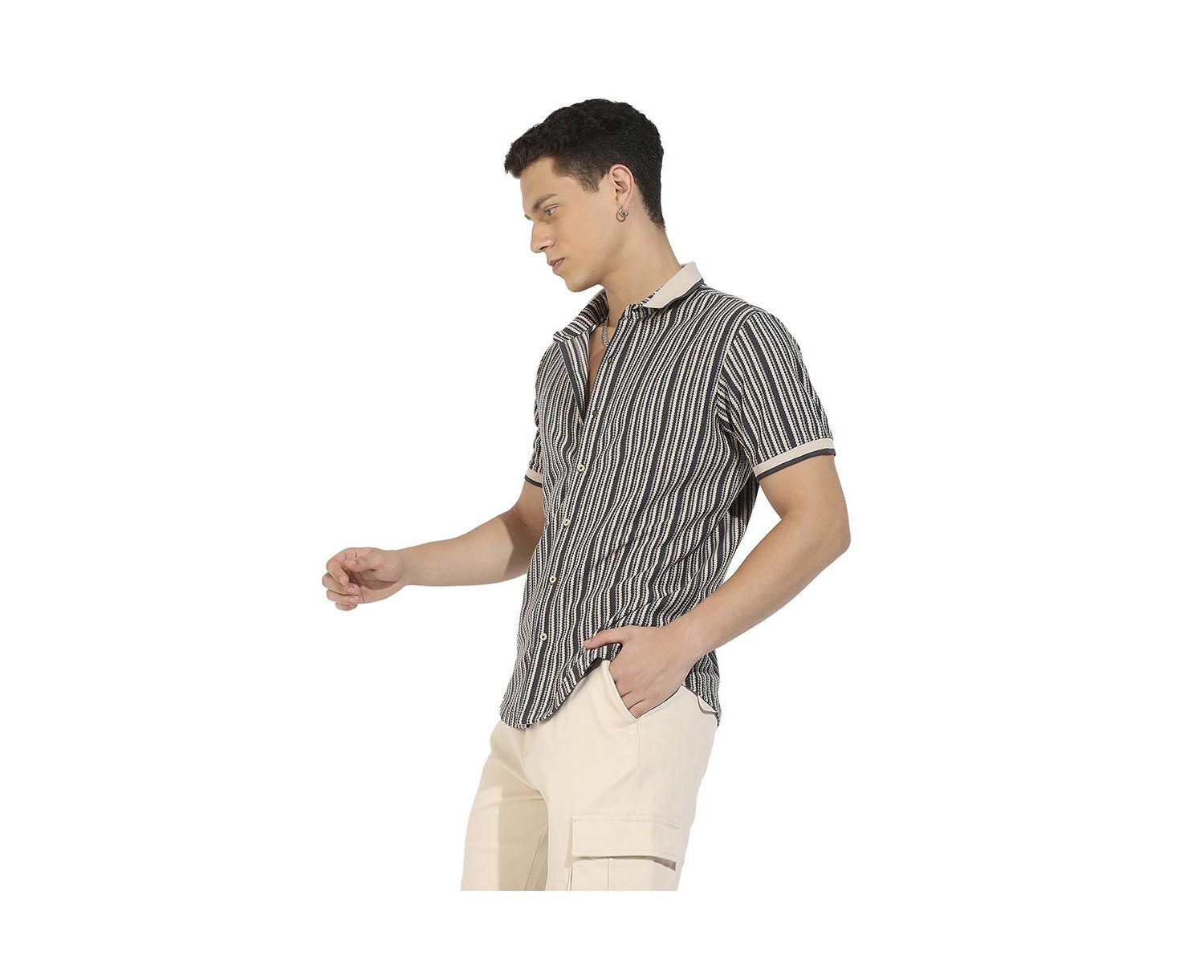 Men's Light Grey & Navy Blue Contrast Knitted Shirt