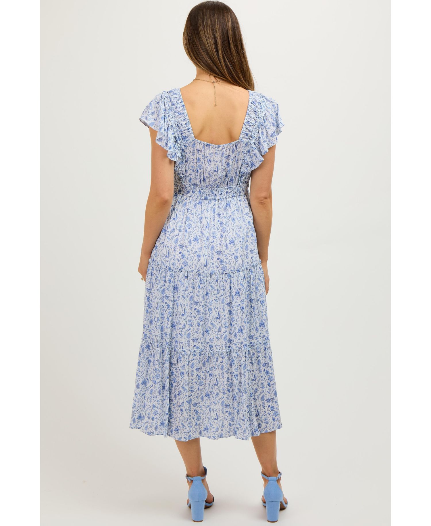 Women's Blue Floral Front Ruched Ruffle Shoulder Tiered Midi Dress