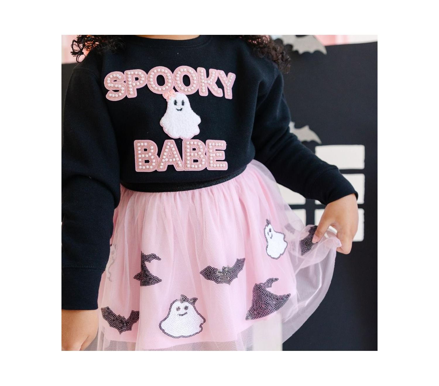 Little and Big Girls Spooky Babe Patch Halloween Sweatshirt