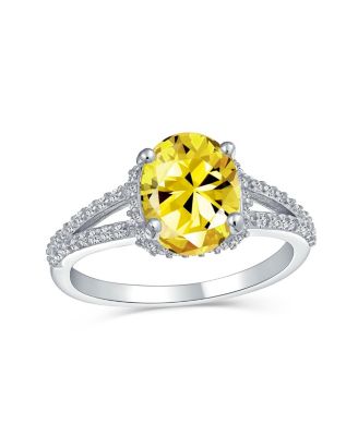 Classic 3CTW Cubic Zirconia Halo Solitaire Oval Promise Ring CZ Pave Split Shank Thin Band  14K Gold Plated .925 Sterling Silver