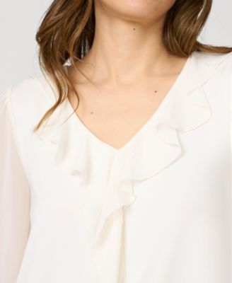 Women's Poet Chiffon Ruffle & V-Neck Knit Top