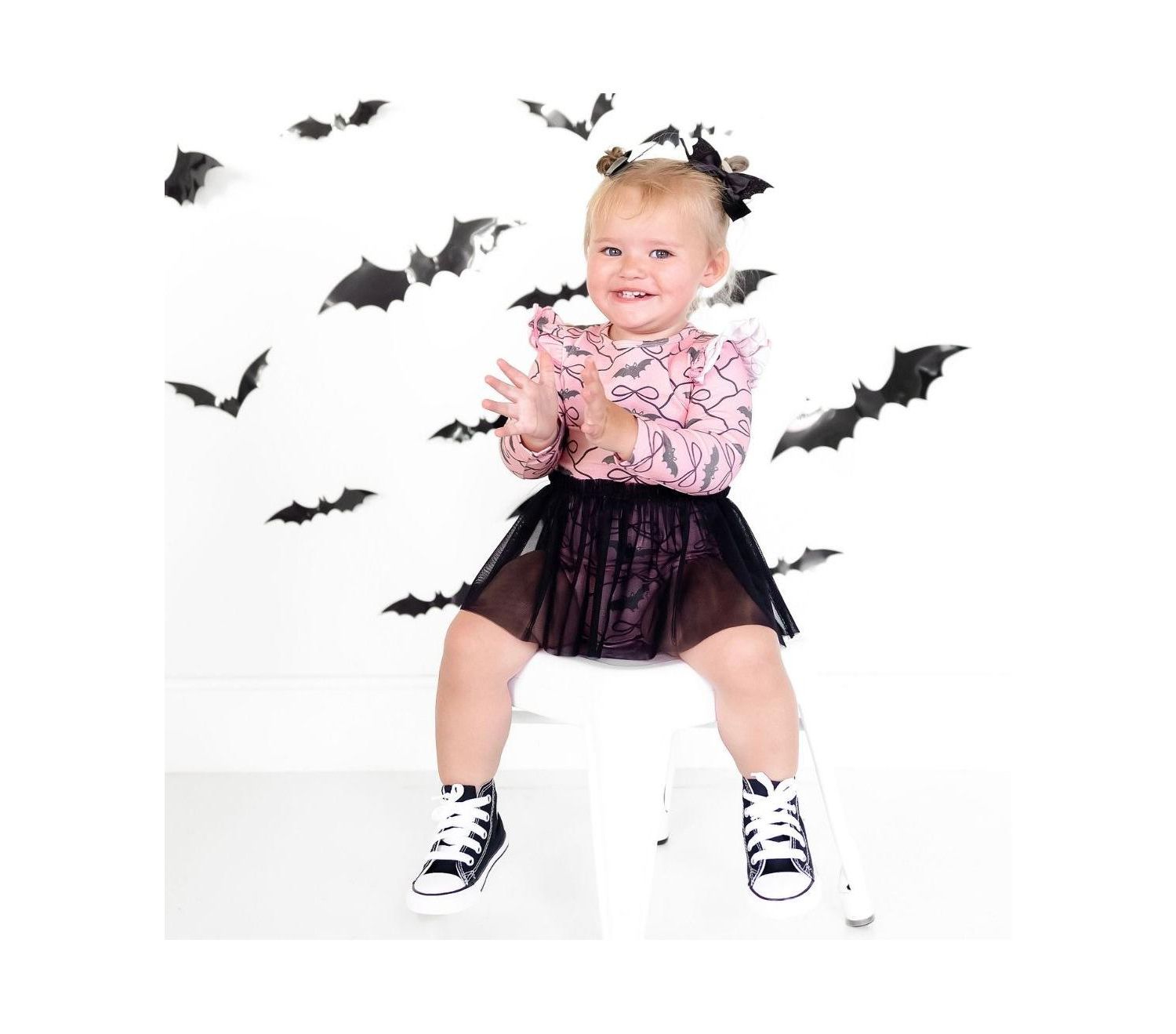 Baby Girls Bat Trellis Printed Halloween Long Sleeve Tutu Bodysuit