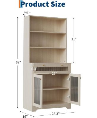62 Inch Engineered Wood Freestanding Hutch Cupboard with Large Countertop, Glass Doors, Drawer and Adjustable Shelves Kitchen Pantry Cabinet
