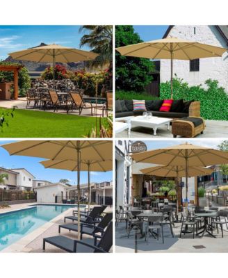 13ft XL Heavy Duty Solid Wood Outdoor Patio Umbrella with Base Parasol Wheels Stand for Bistro Market Table Garden Deck Yard Poolside Tan