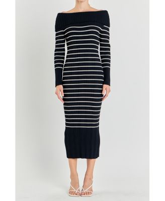 Women's Off Shoulder Fold Striped Maxi Dress