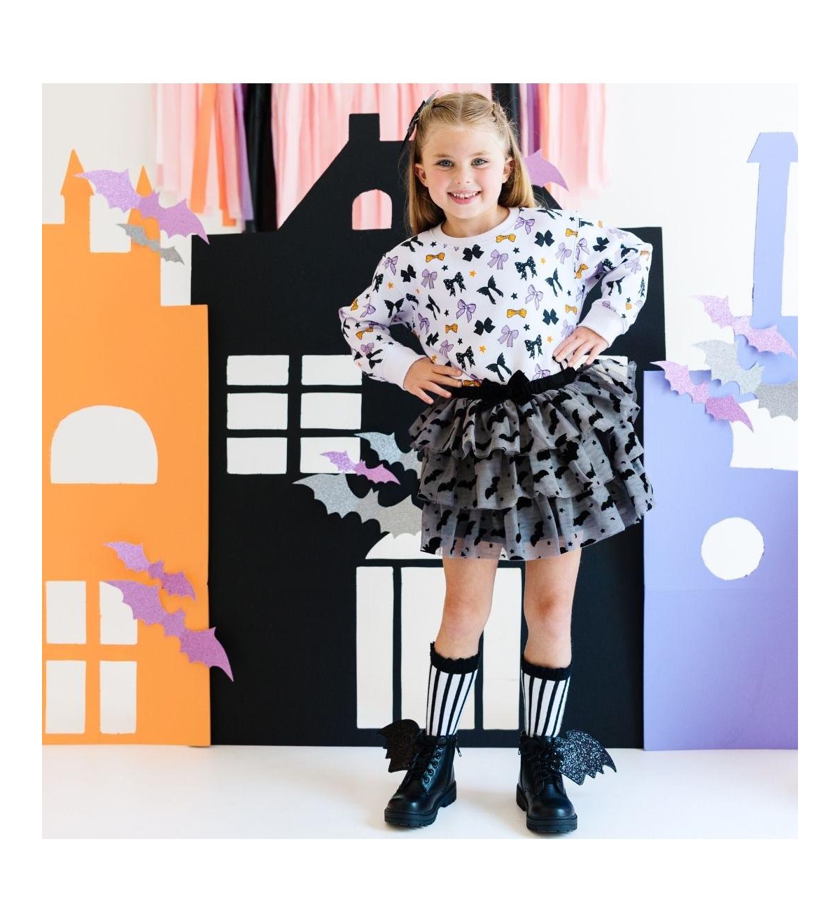 Sweet Wink Little and Big Girls Flocked Bats Halloween Bow Tiered Tutu Skirt