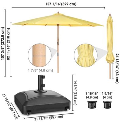 13ft XL Heavy Duty Solid Wood Outdoor Patio Umbrella with Base Parasol Wheels Stand for Bistro Market Table Garden Deck Yard Poolside Yellow