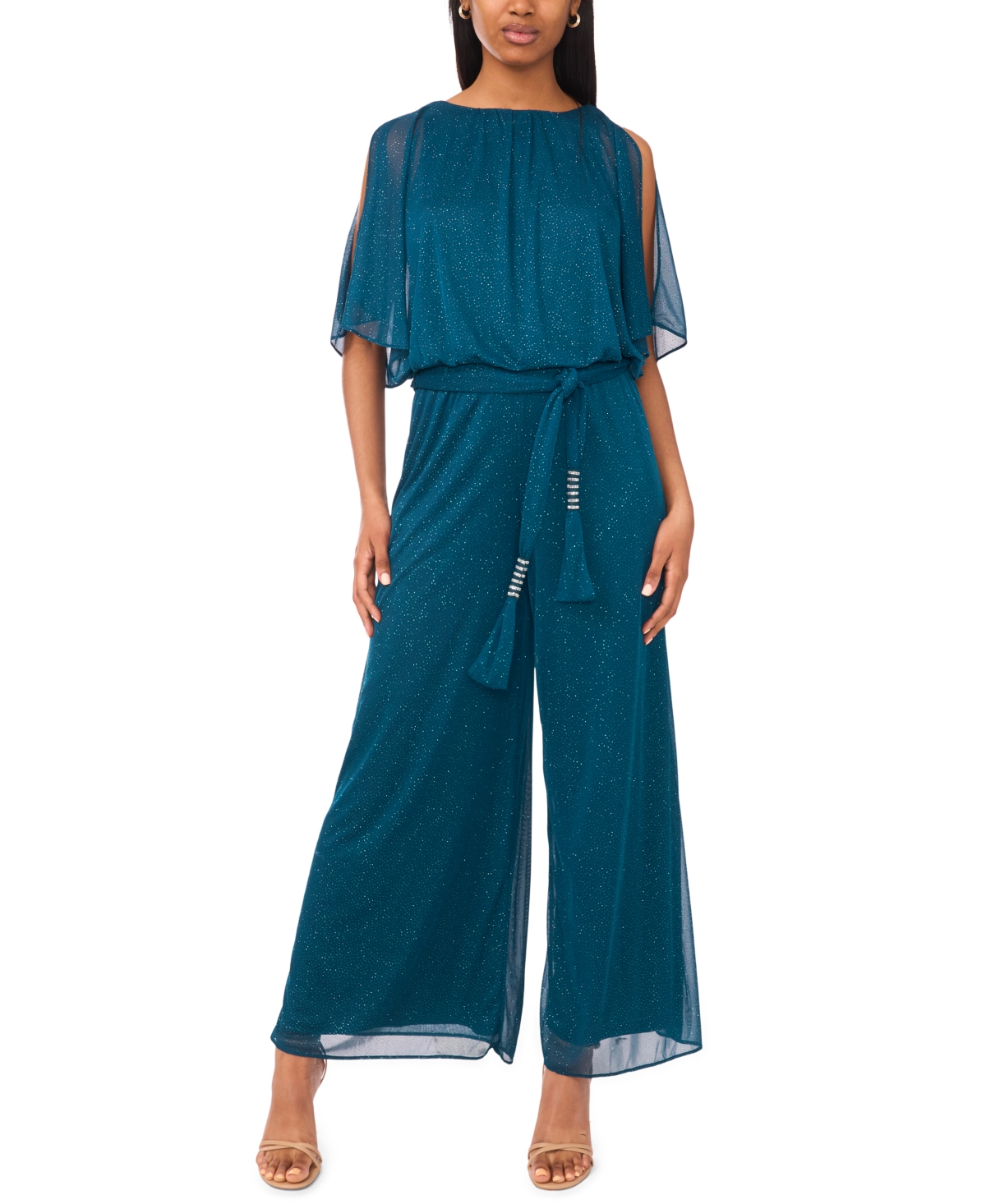 Msk Women's Slit Sleeve Knit Woven Jumpsuit In Blue