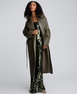 Women's Faux Leather Belted Trench Jacket