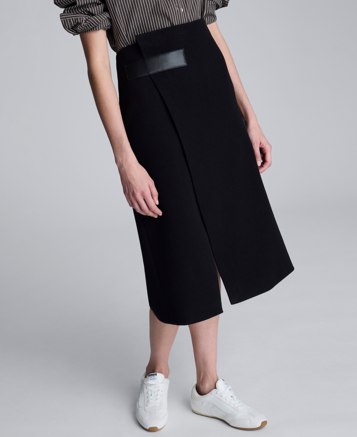 Kenneth Cole Boiled Wool Asymmetrical Slit Midi Skirt In Black