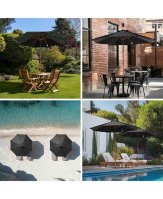 9ft Solid Wood Outdoor Patio Umbrella with Base Included Parasol Wheels Stand for Bistro Market Garden Deck Yard Poolside Black