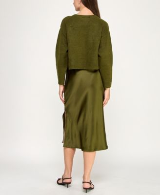 Juniors' 2-Piece Satin Midi Slip & Pullover Sweater Set