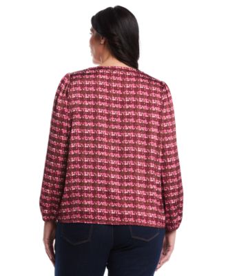 Plus Size Crosshatch Print Split Neck Long Sleeve Popover Top