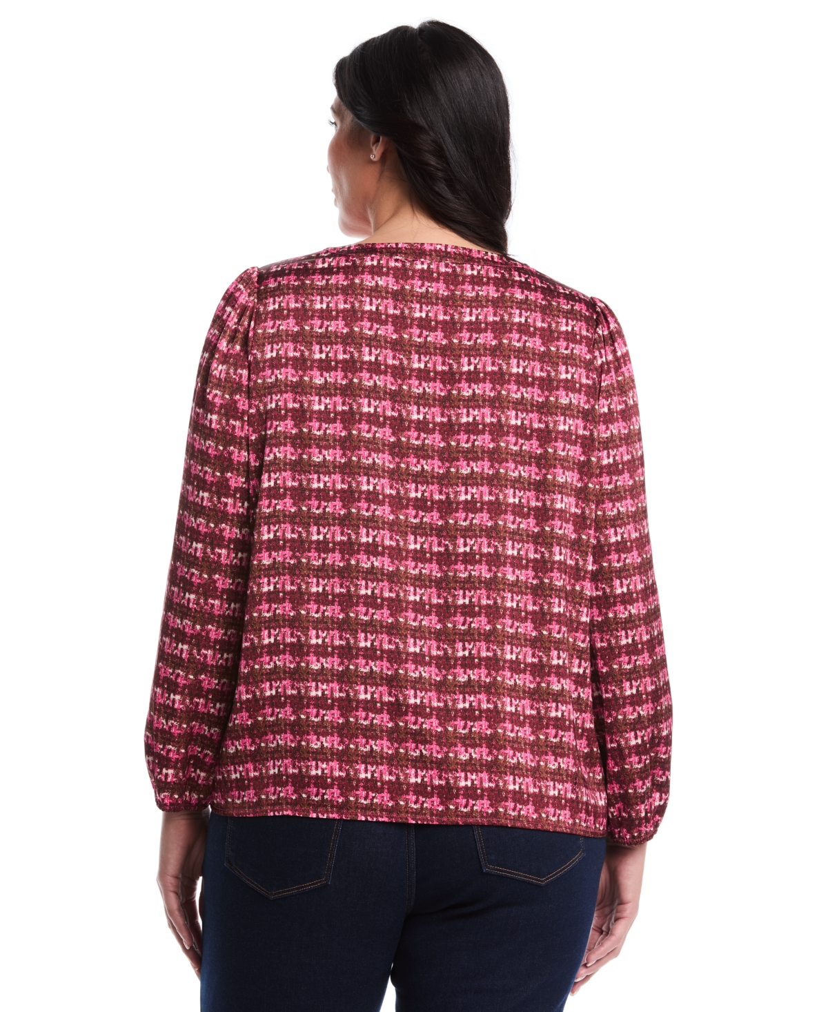 Rafaella Plus Size Crosshatch Print Split Neck Long Sleeve Popover Top In Purple