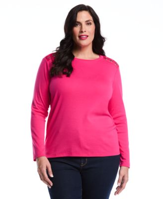 Plus Size Laced Crew Neck Long Sleeve Top