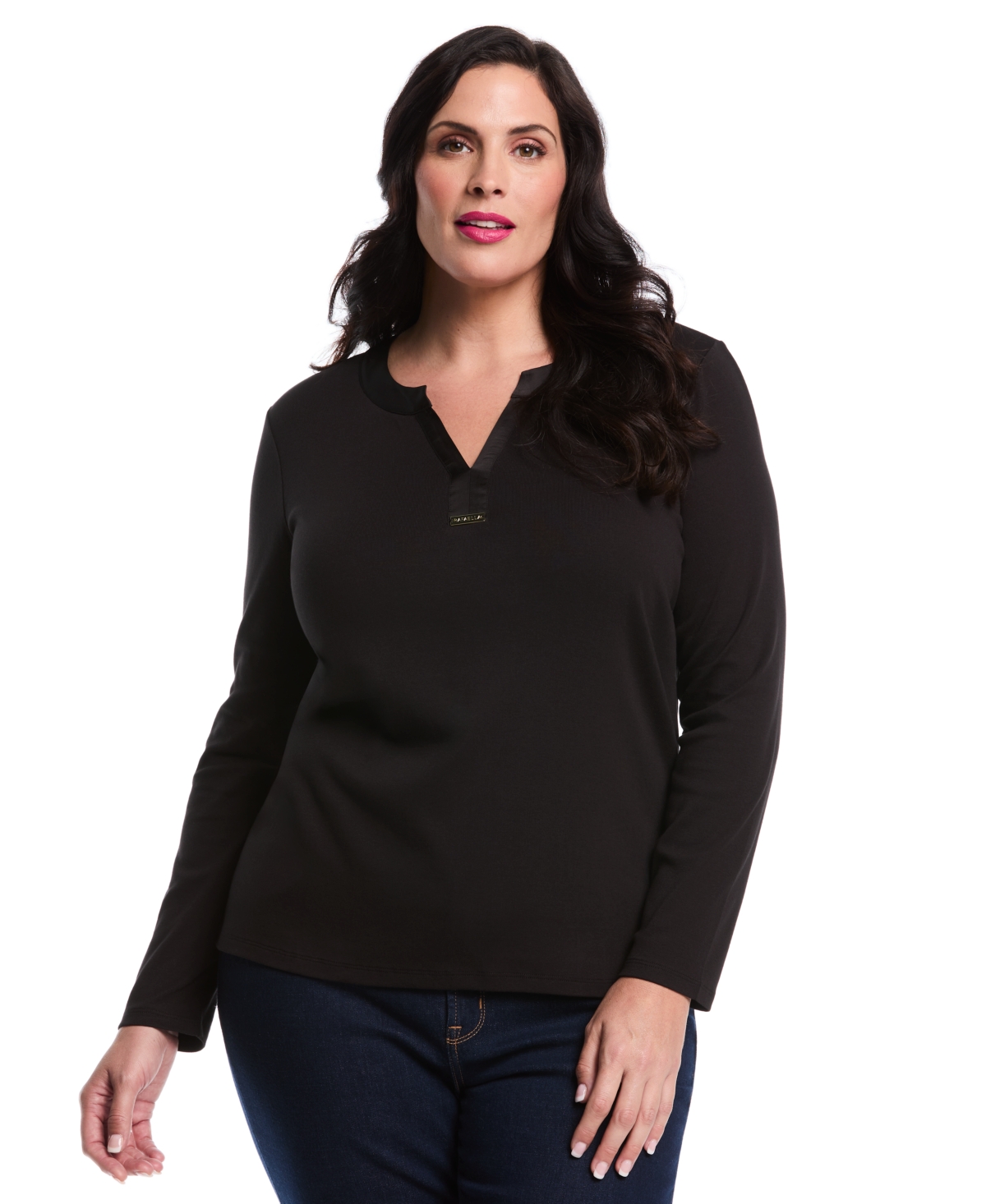Rafaella Plus Size Woven Trim Split V-neck Long Sleeve Top In Black