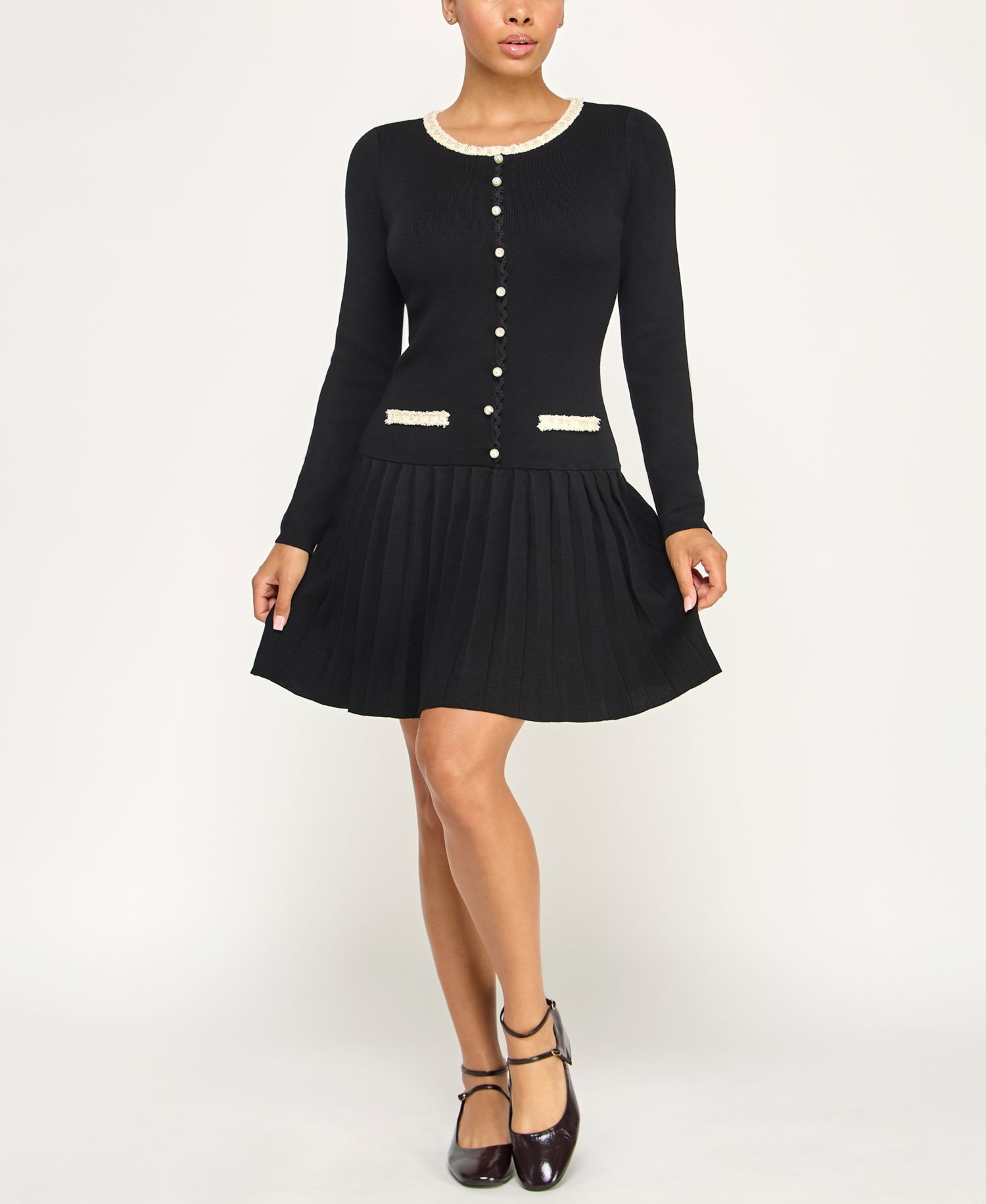 Juniors' Pearl Boucle Trim Pleated Fit & Flare Sweater Dress