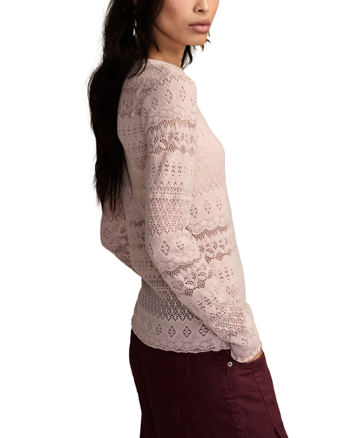 Lucky Brand Lace Long Sleeve Crewneck Top In Pink