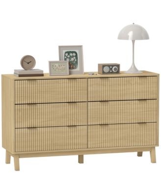 6 Drawer Dresser for Bedroom, Fluted Chest of Drawers, Natural Wood
