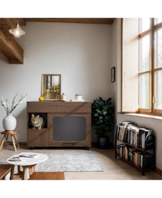 35.5 in. Wooden Multi-use Cat litter box house with Storage Made flip-up door in Walnut