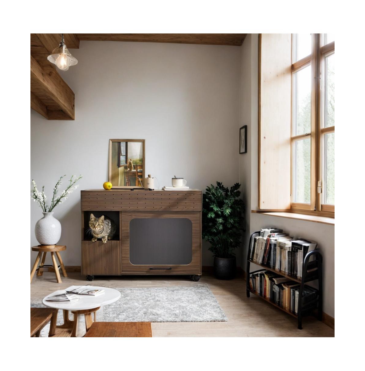 Aostirmotor 35.5 in. Wooden Multi-use Cat litter box house with Storage Made flip-up door in Walnut