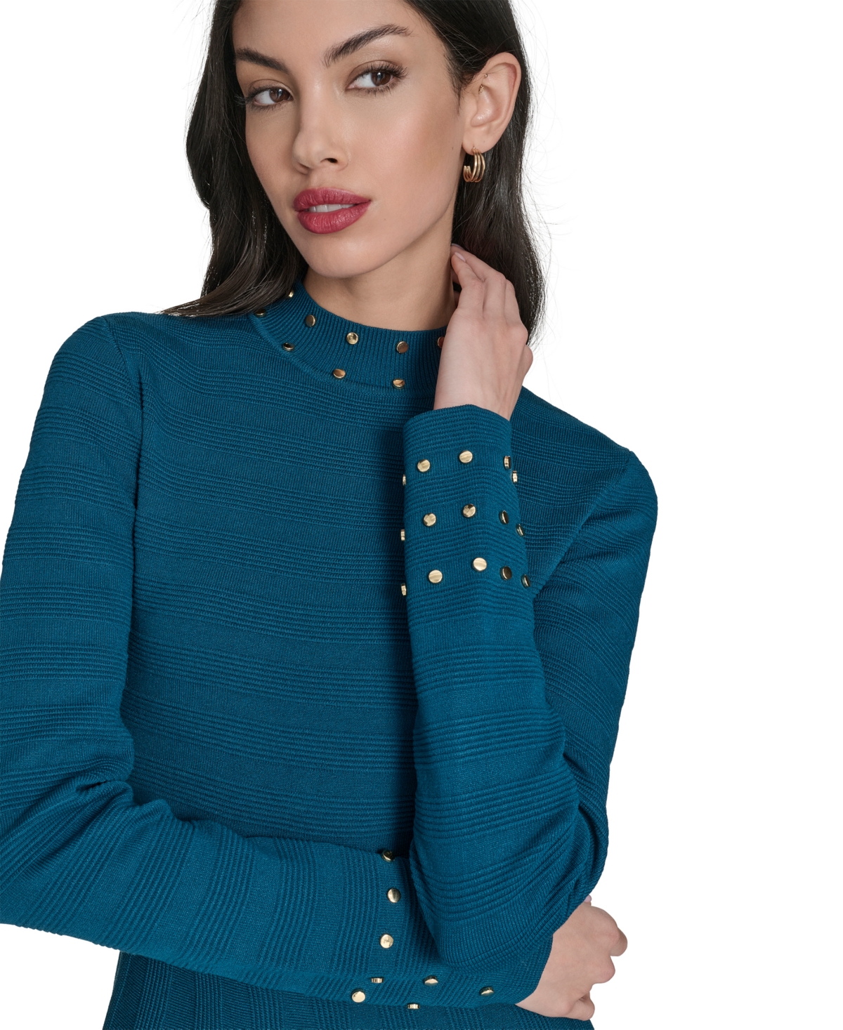 Vince Camuto Petite Mock-neck Embellished Fit & Flare Dress In Blue