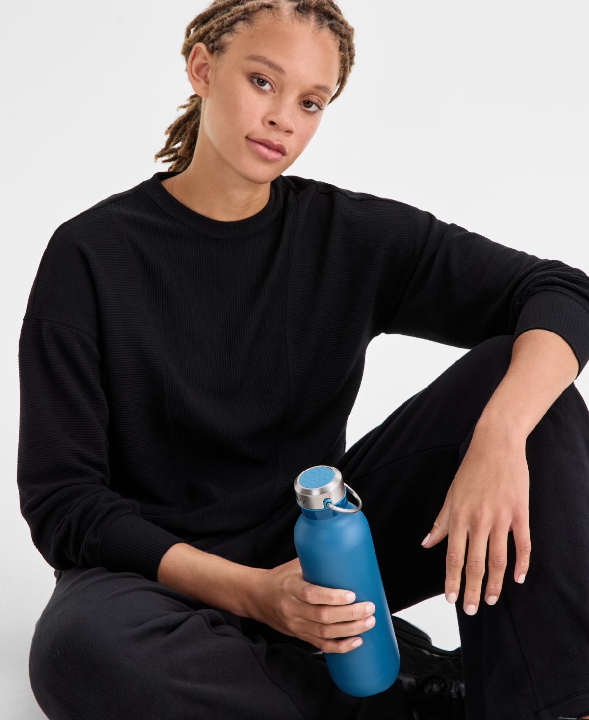 Id Ideology Women's Ribbed Knit Crewneck Sweatshirt, Macy's Exclusive In Black