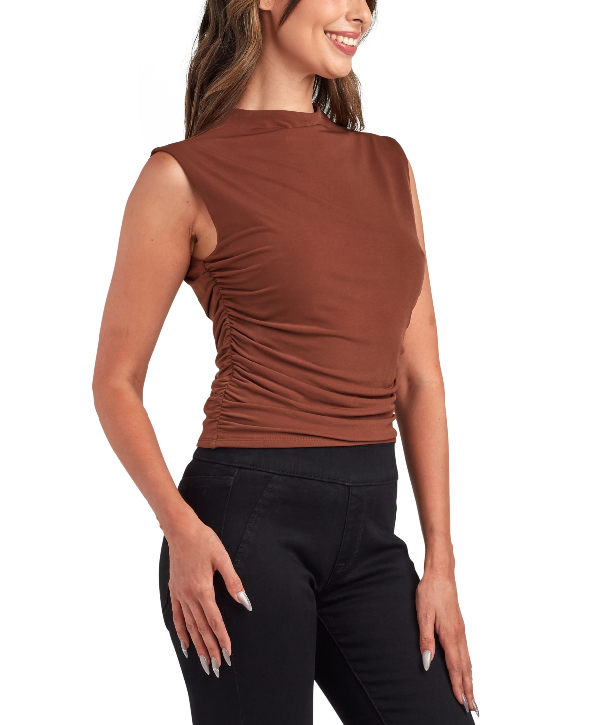 Bcx Juniors' Print Mock Neck Sleeveless Top In Brown
