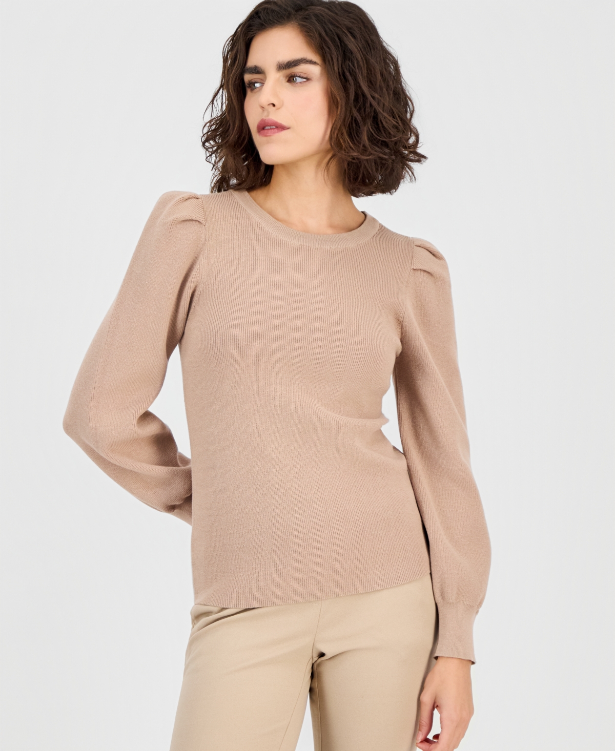 Ak Anne Klein Women's High-Crewneck Long-Puff-Sleeve Sweater